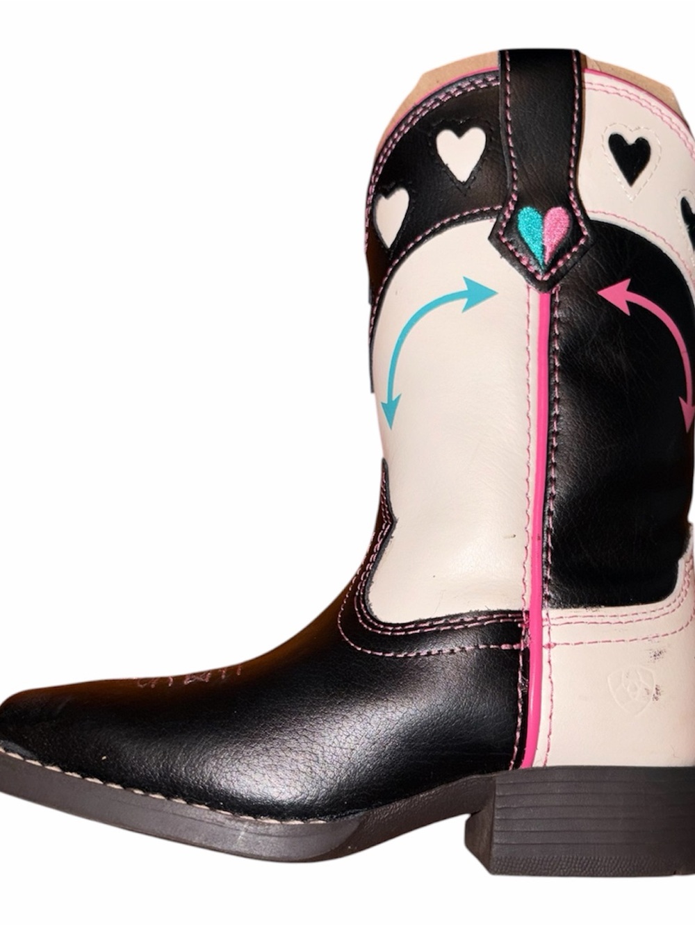 Ariat Girls' Black, Cream & Pink Heart Western Boots with Turquoise Accents - Picture 10 of 12